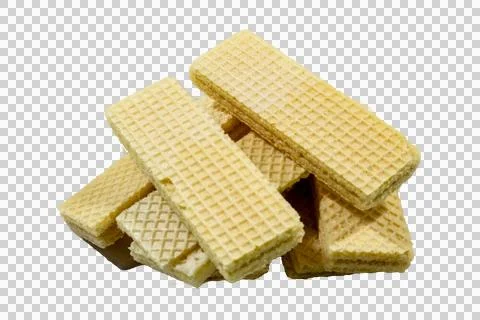 A pile of rectangular crispy wafer cookies with a grid pattern, isolated Stock Photos