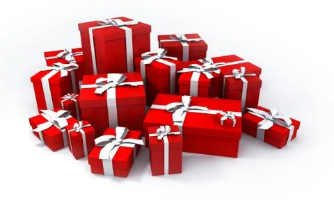 Pile of red gift boxes with white ribbons. Stock Illustration