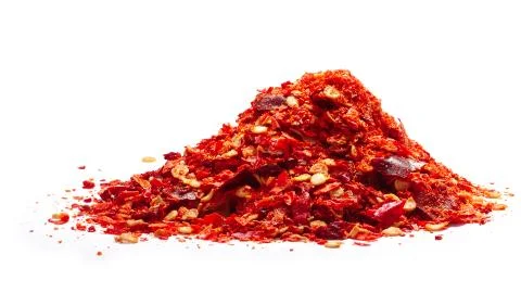 Pile of red pepper flakes, paths Foto stock