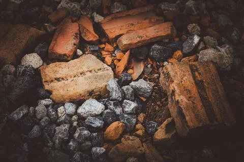 A pile of rubble with a few bricks and rocks Stock Photos