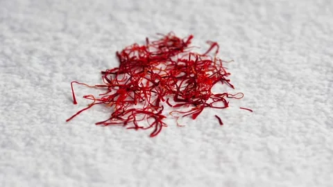 A pile of saffron threads, autumn crocuses, on the table with various spices. Stock Footage 144551435