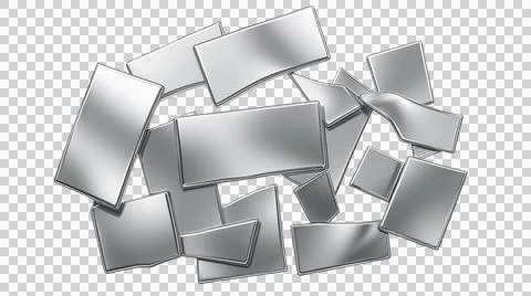 Pile of shiny silver metal rectangles and irregular shards on transparent b.. Stock Illustration