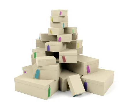 Pile of shoe boxes with price tags Stock Illustration