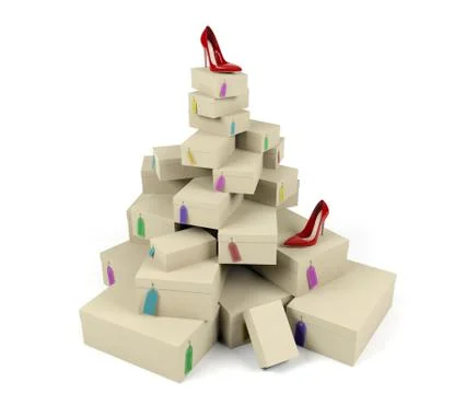 Pile of shoe boxes with red high-heeled shoe on the top Stock Illustration