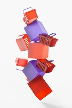 A pile of shopping baskets with purple boxes on a white background. 3d render Illustrazione stock