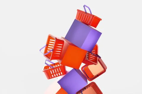 A pile of shopping baskets with purple boxes on a white background. 3d render Stock Illustration