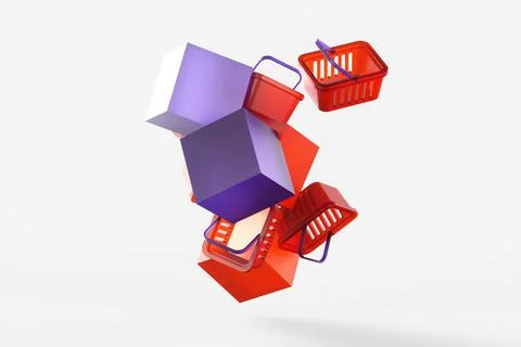 A pile of shopping baskets with purple boxes on a white background. 3d render Stock Illustration