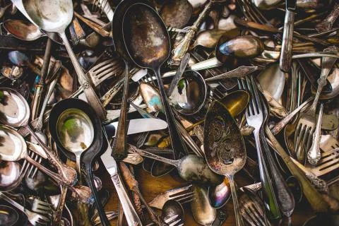 Pile of Silverware 스톡 사진