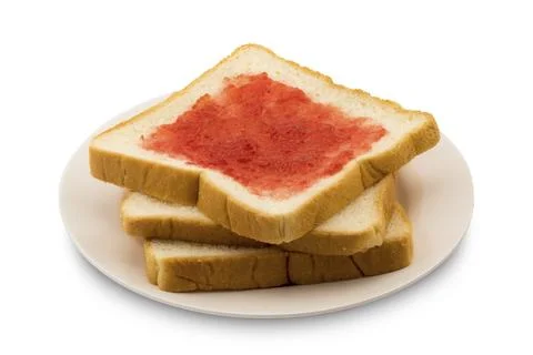 Pile of sliced bread with strawberry jam in a plate on white background Stock Photos