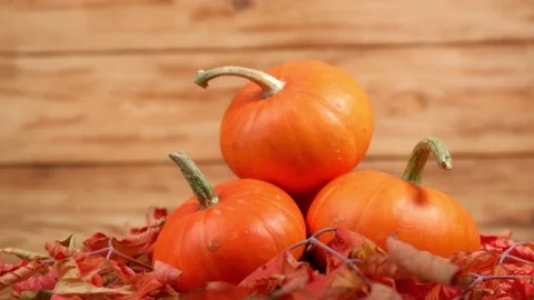 Pile of small pumpkins lie among autumn leaves on background of board and rotate Stock Footage 246974881