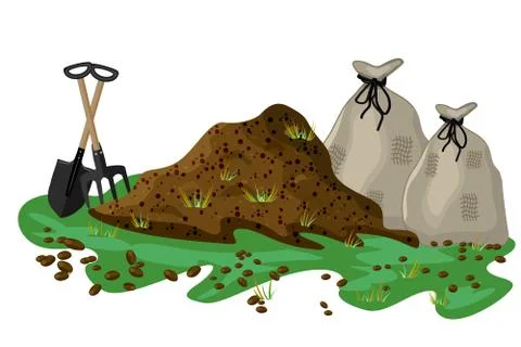 Pile of soil isolated on white background. Hayfork and shovel. Stock Illustration