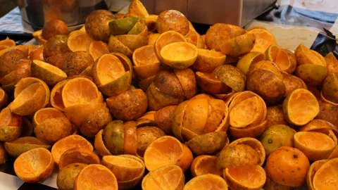 Pile of Squeezed Oranges Stock Footage 266701370