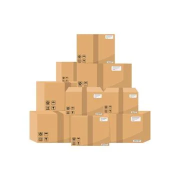 Pile of stacked cardboard boxes isolated on white background. Vector illustra Stock Illustration