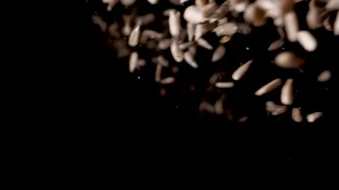 A pile of sunflower kernel are emptied in a studio with black background. Video stock 153600315