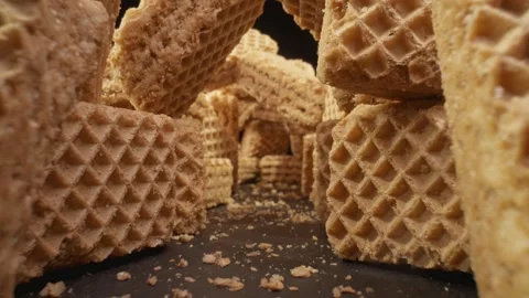 Pile of tasty wafers. Stack of sweets. Food concept. Dolly shot with probe lens Stock Footage 244553242