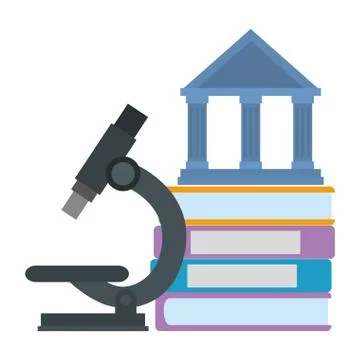 Pile text books with microscope and library building Stock Illustration