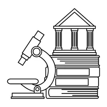 Pile text books with microscope and library building Stockillustratie