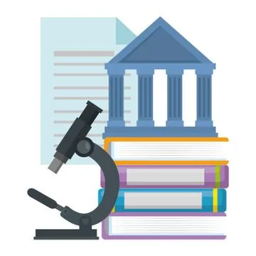 Pile text books with microscope and library building Illustrazione stock
