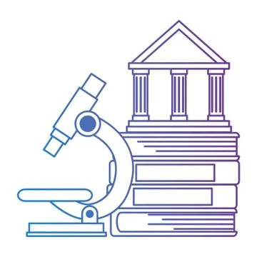 Pile text books with microscope and library building Stockillustratie