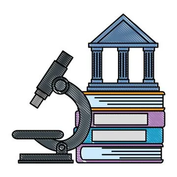 Pile text books with microscope and library building Stockillustratie