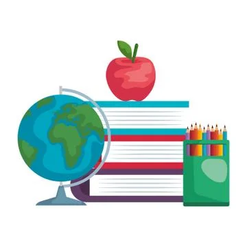 Pile textbooks with world map and colors pencils Stock Illustration