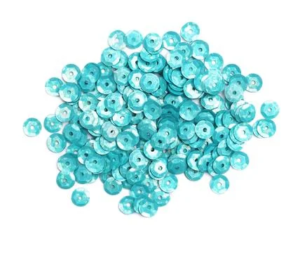 Pile of turquoise sequins on white background, top view Stock Photos