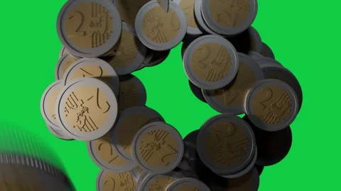 Pile of two-tone coins rotating after nudge, reforming ring to settle on Stock Footage 337887596