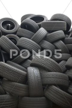 Pile Of Used Tires For Recycling, Close-Up