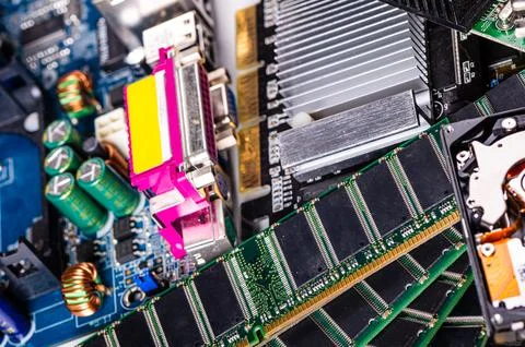 Pile with various computer electrical boards and components, Repairing and up Stock Photos