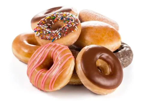 Pile of Various Types of Donuts on White Stock Photos
