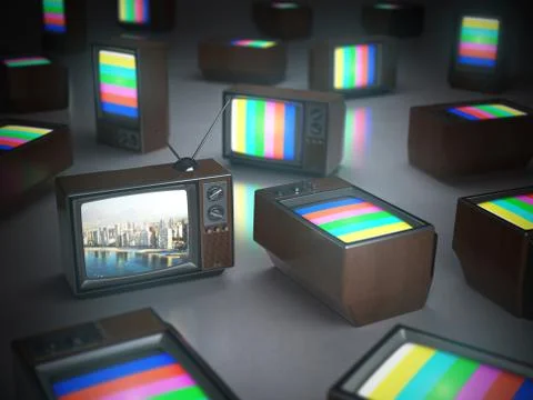 Pile of vintage TV with one in standby. TV channels concept Stock Photos