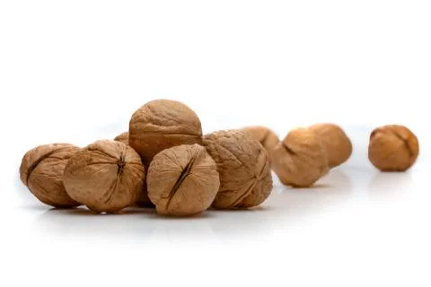 A pile of walnuts on a white background Stock Photos