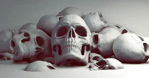 Pile of White Skulls with Dark Red Shadow on a Grey Studio Background. Stock Illustration