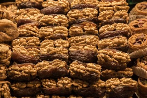 Pile of whole walnuts  without nutshells in fig Stock Photos