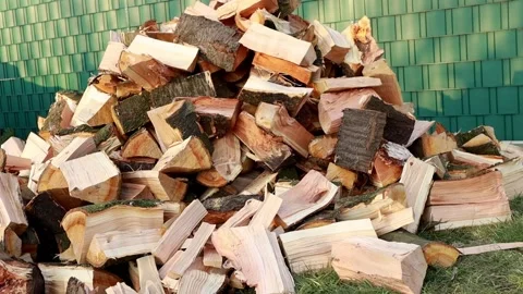Pile of wood from a divided tree close-up.Stack of firewood for the fireplace Stock Footage 202608864
