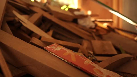 A Pile of Wood Scraps in a Rustic Workshop Stock Footage 323862854