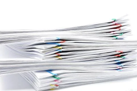 Pile of workload paperwork on white background Stock Photos