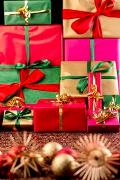 Piled-up xmas presents. Stock Photos