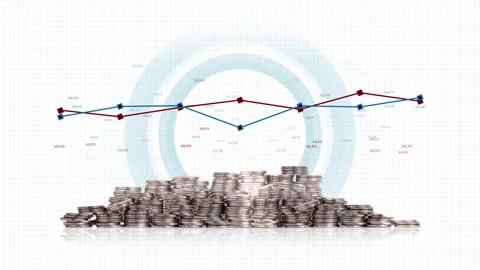 Piles of coins and changing line graphs. Видео 273839078