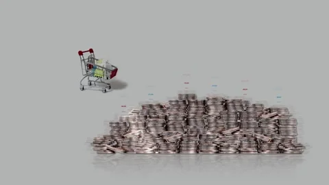 Piles of coins and miniature buildings in shopping cart. Stock Footage 288405553
