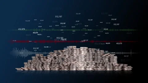 Piles of coins with light effects and voice waveform and changing numbers. 스톡 동영상 277625565
