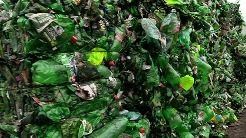Piles of compressed plastic bottles prepared for recycling Stock Footage 85553583