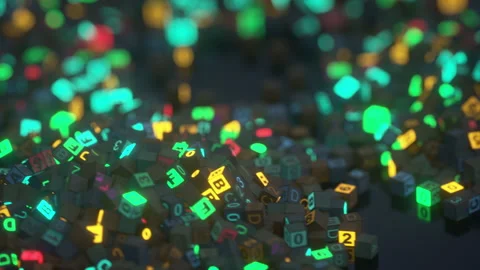 Piles of cubes with machine code seamless loop 3D render animation Stock Footage 165578043