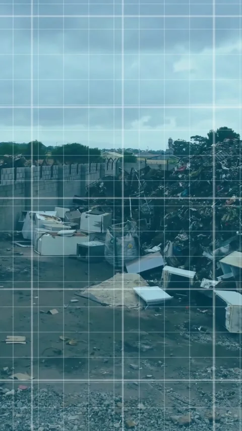 Piles of electronic waste in landfill with data analysis animation over scene Stock Footage 341977052