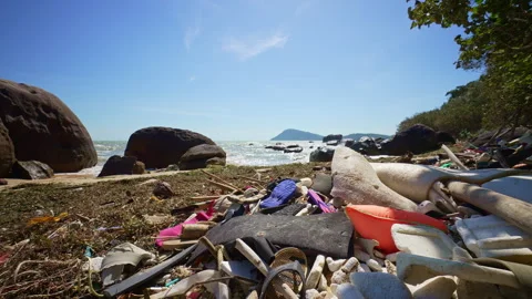 Piles of Plastic Garbage Pollute the Ocean Beach. Stock Footage 337387389