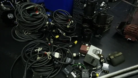Piles of power cables behind the scenes on movie set 2 Stock Footage 125491835