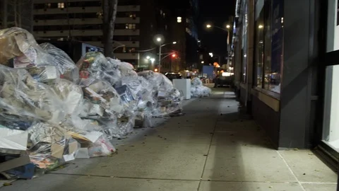 Piles of trash on NYC sidewalk Stock Footage 120819474