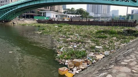 Piles of trash polluting the Saigon River, Ho Chi Minh City, Vietnam 4K Stock Footage 229540915