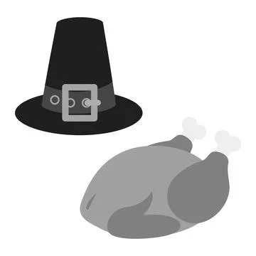Pilgrim Hat and Roasted Turkey Classic Thanksgiving Symbols in grayscale. Logo Stock Illustration