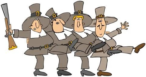 Pilgrim men dancing in unison Stock Illustration